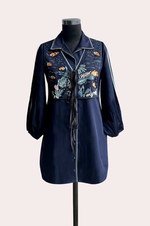 Navy Cotton Satin Shirt Dress with Embroidered Yoke — Our Love