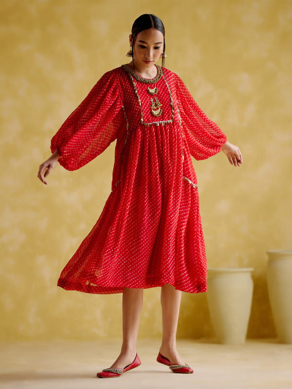 Red Lehriya Printed Flared Kurta with Embellished Yoke — 5 Elements