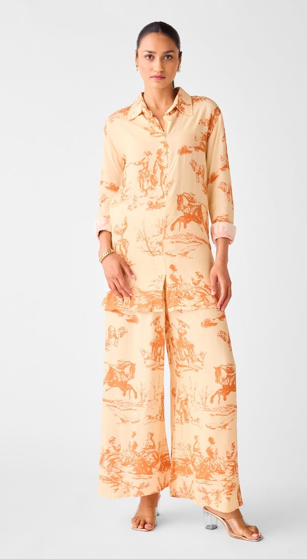 Peach Cotton Linen Printed Shirt and Wide-Leg Co-ord Set — Basanti Kapde aur Koffee