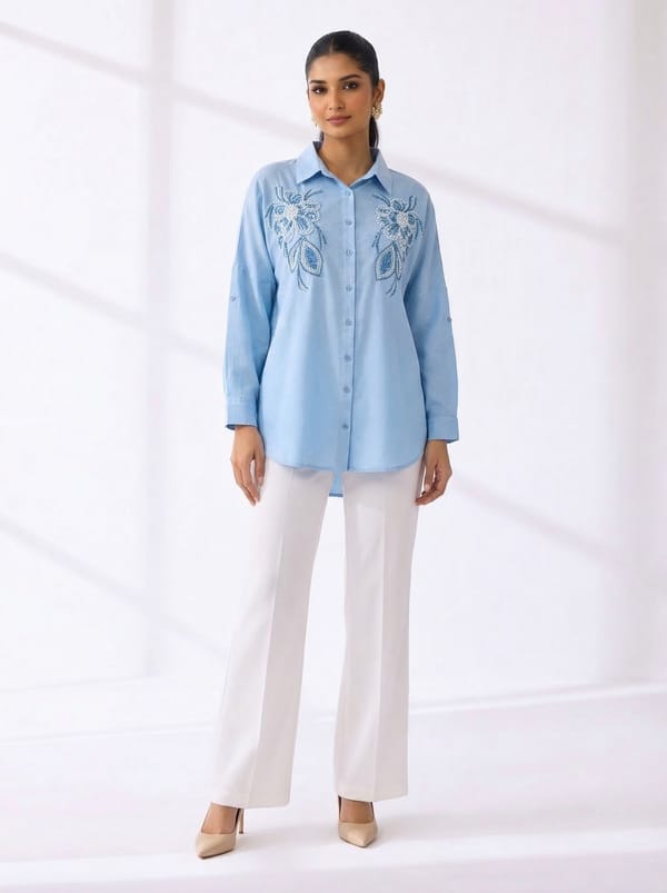 Blue Longline Shirt with Floral Chest Embroidery — BURRASCA