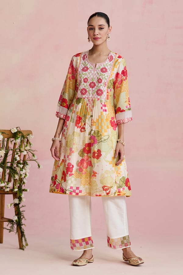 Multicolor Printed A-Line Kurta Set with Organza Dupatta — NIRVAIR CLOTHING