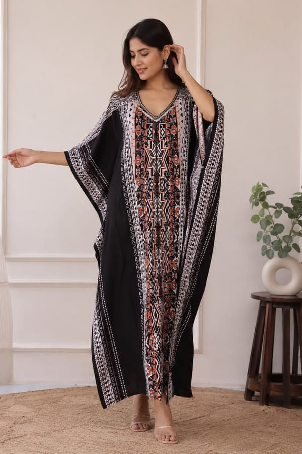 Black Geometric Printed Maxi Kaftan with V-Neck — Designs by Queen Bee