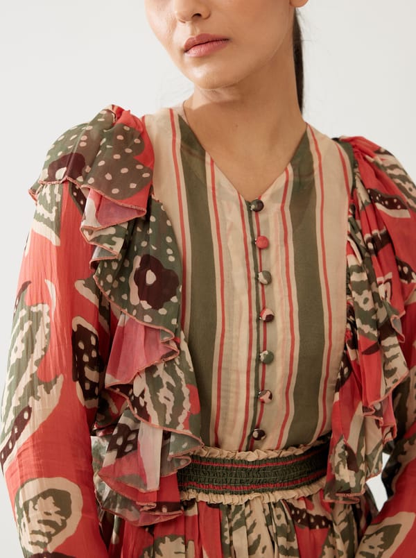 Pink Beige And Green Floral Frill Top — KoAi