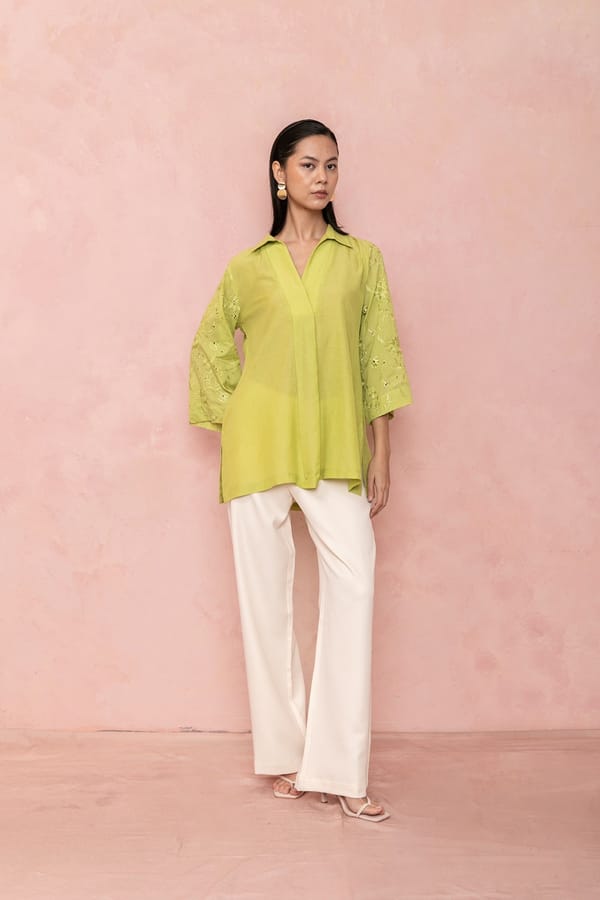 Bright Green Shirt with Embroidered 3/4 Sleeves — LABEL NAARITI