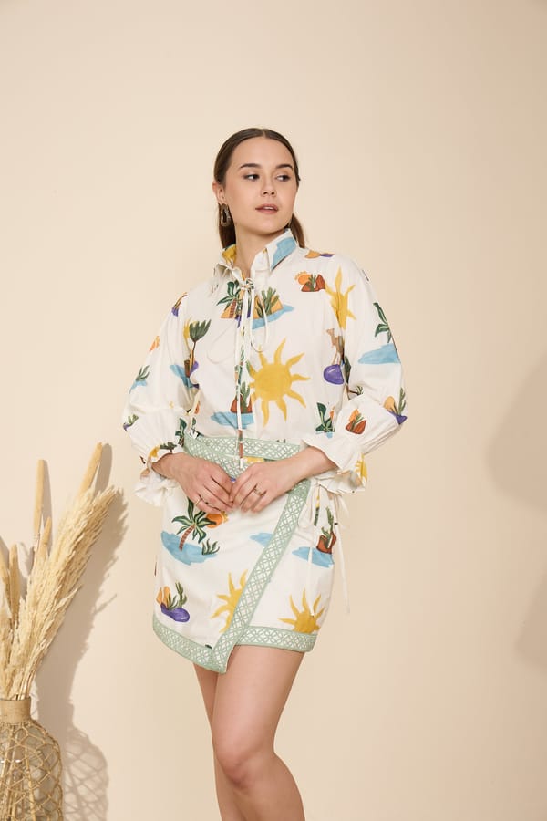 White Tropical Print Shirt and Wrap Mini Skirt Co-ord Set — GAIMA LABEL
