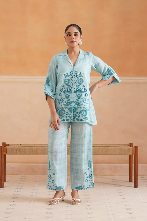 Aqua Blue Linen Embroidered Kurta Co-ord Set — NEETIKA CHOPRA