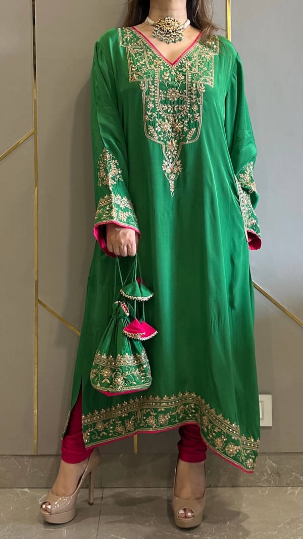 Fiza Fern Green Phiran Kurta with Churidar and Matching Potli — Kylee Fashions