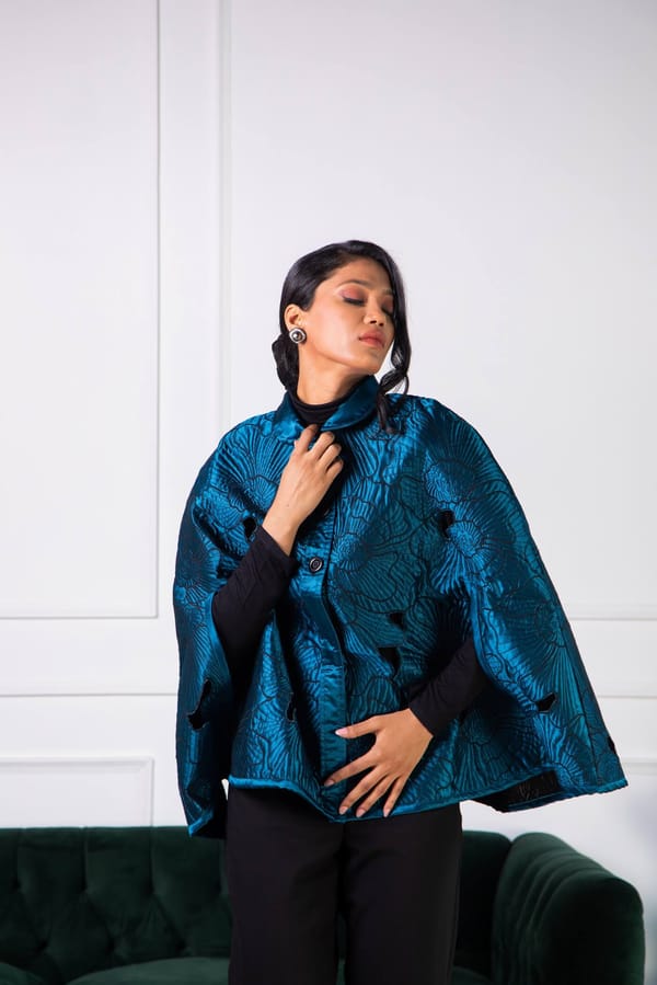Teal Blue Quilted Satin Cape with Floral Cutwork — Rhe-Ana