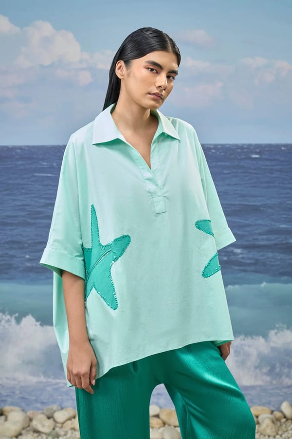Mint Green Premium Cotton Poplin Oversized Shirt — Genes Lecoanet Hemant