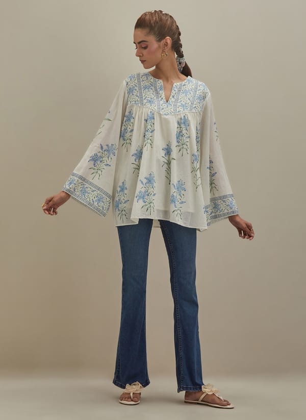Off White Cotton Top Block Print — Upavita