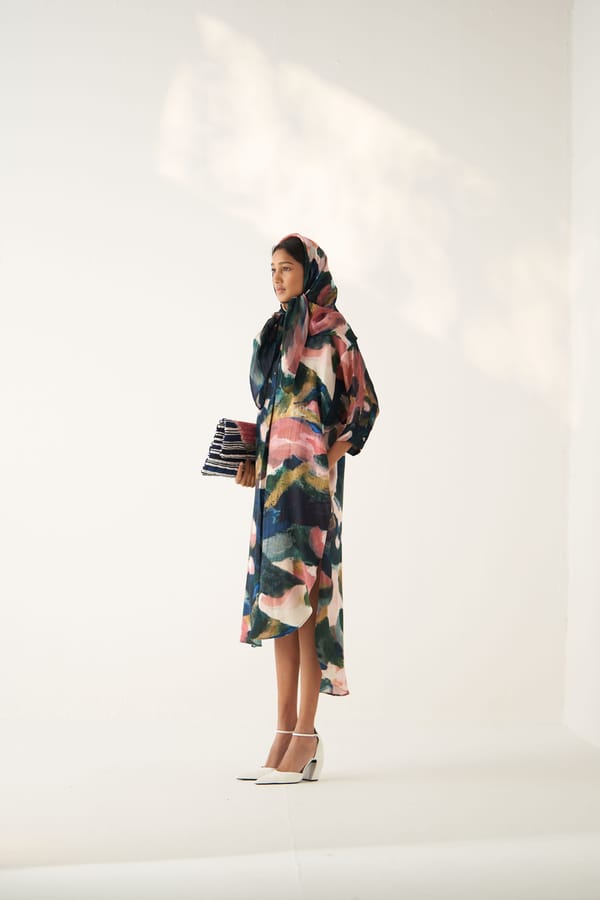 Abstract Printed Midi Shirt Dress with High-Low Hem — Ofrida