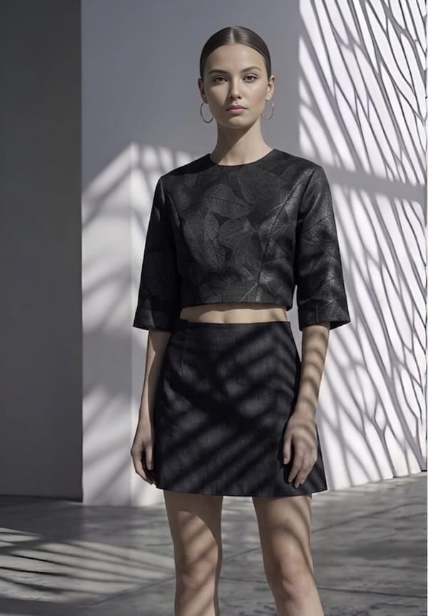 Grey/Black Leaf Jacquard Boxy Crop Top — KIHIKI