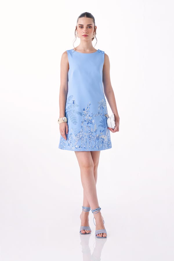 Ice Blue Banana Crepe A-Line Mini Dress with Embroidery — Our Love