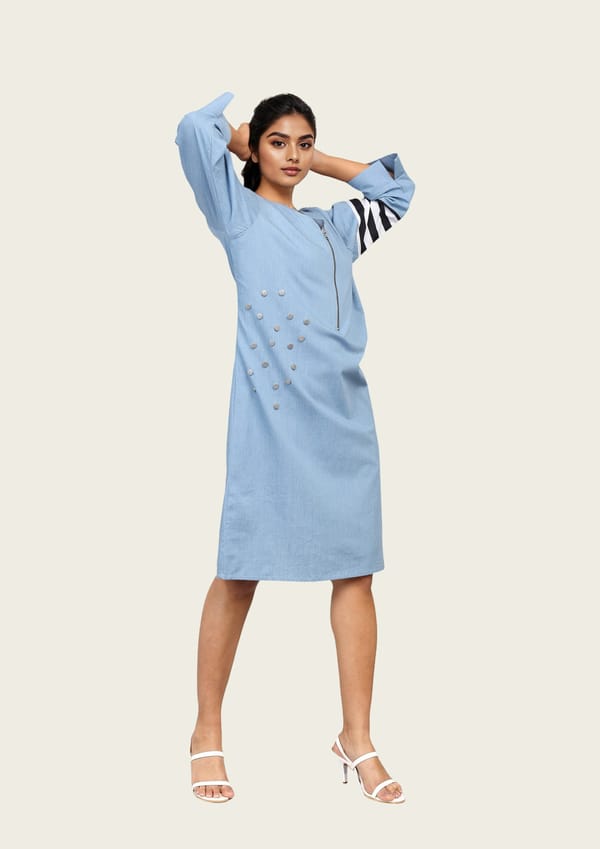 Blue Cotton Denim Midi Dress — Richa Goenka