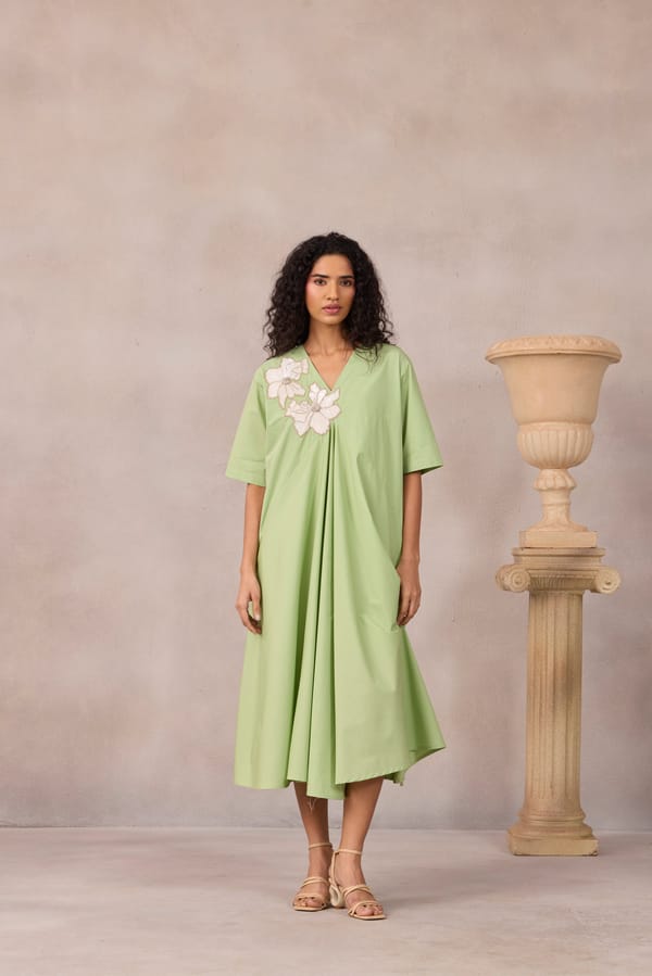 Foam Green V-Neck Draped Fit And Flare Midi Dress — 63East
