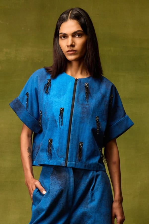 Blue Abstract Print Boxy Crop Top with Front Zipper — Pocketful Of Cherrie