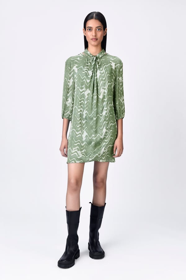 Taupe Satin Abstract Print A-Line Mini Dress — Genes Lecoanet Hemant