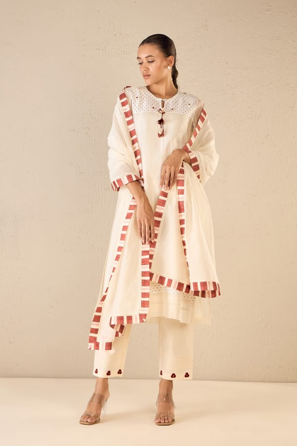 Bloom Dots: Ivory Polka Detailing Kurta Set — SHIVANI BHARGAVA