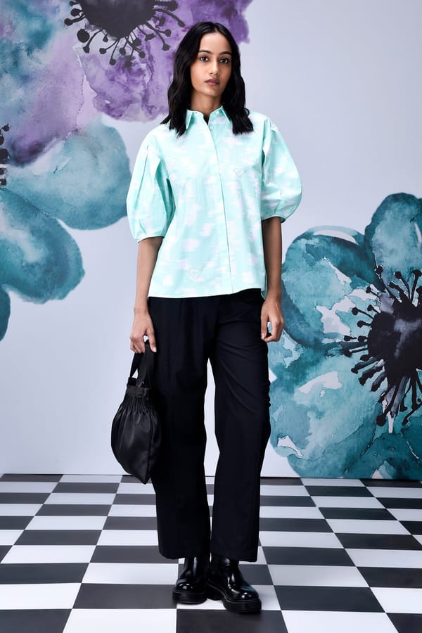 Lime Green Ikkat Print Poplin Shirt with 3/4 Puff Sleeves — Genes Lecoanet Hemant