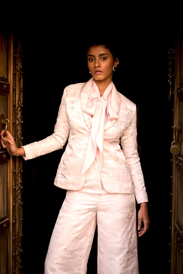 Powder Pink Brocade Tailored Blazer with Statement Button — Dash and Dot
