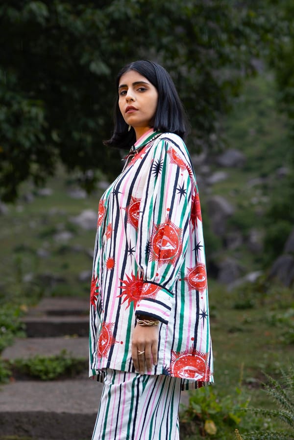 White and Green Striped Celestial Print Button-Down Shirt — White Saturn