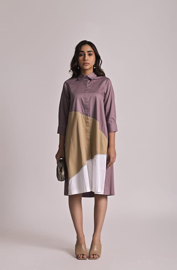 Purple/Beige/White Colorblock Midi Shirt Dress — Escape By Aishwarya