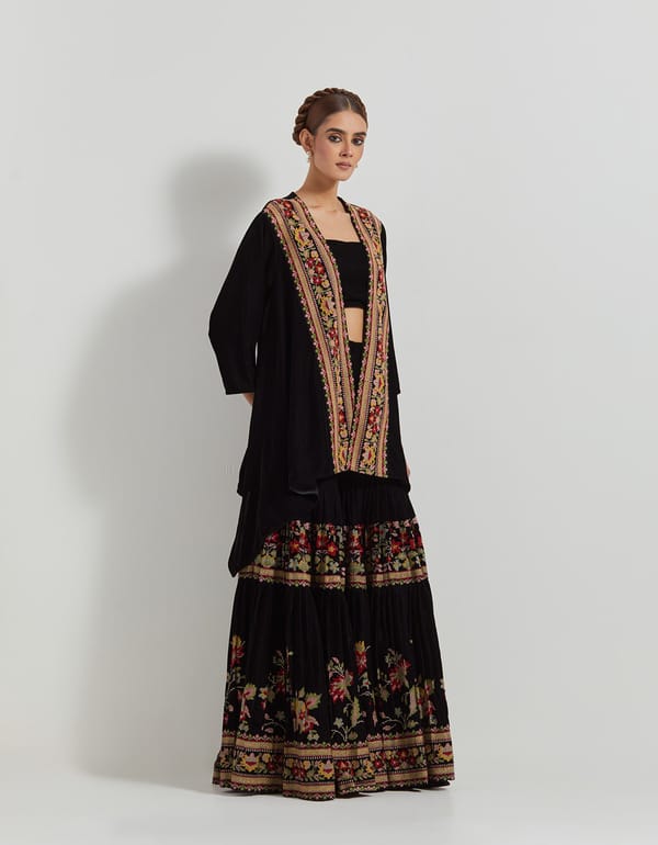 Black Velvet Bustier, Cape and Sharara Co-ord Set — Kavita Bhartia