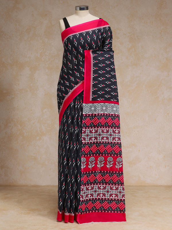 Black Ikat Cotton Saree Red Border Block Pallu — BINKS