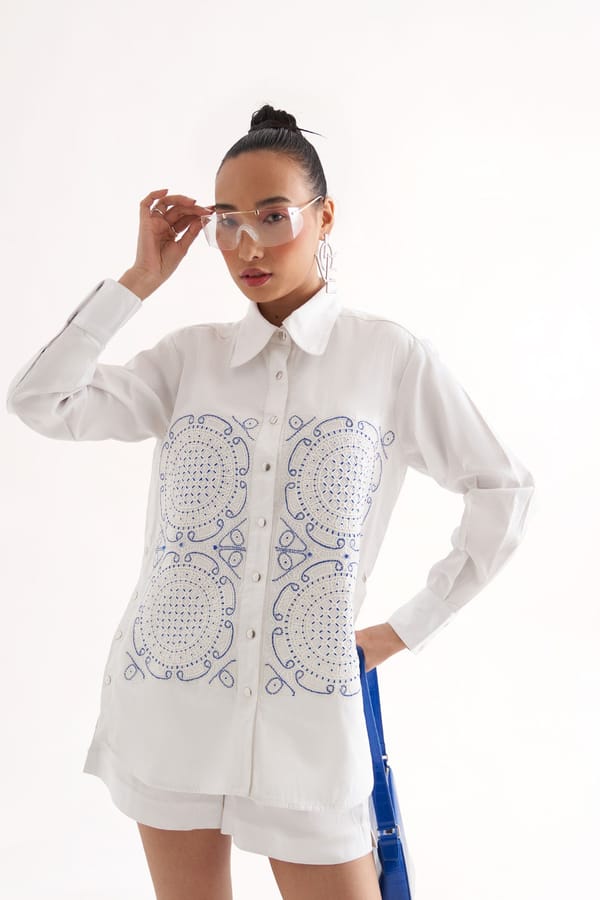 White Shirt and Shorts Co-ord Set with Blue Lace Patchwork — Our Love