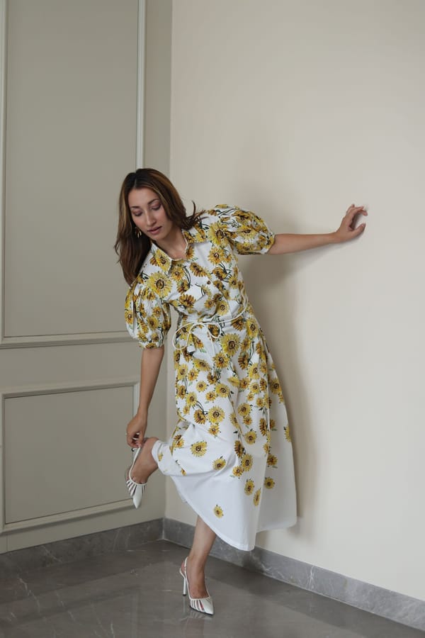 White Sunflower Print Poplin Shirt Dress with Tie Belt — THE FINICKY COLORIST