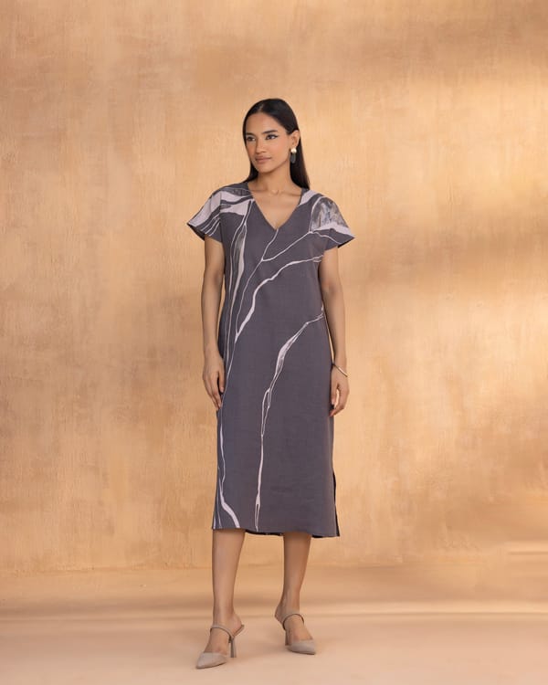 Charcoal Abstract Print Linen Midi Dress — Kaveri