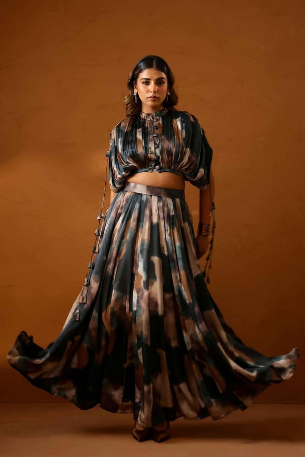 Patina Skirt Paired with Bustier and Jacket — STUDIO SURBHI