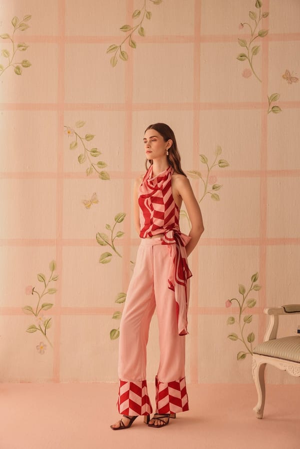 Pink Wide-Leg Trousers with Geometric Turn-Up Hem — Sage by Mala