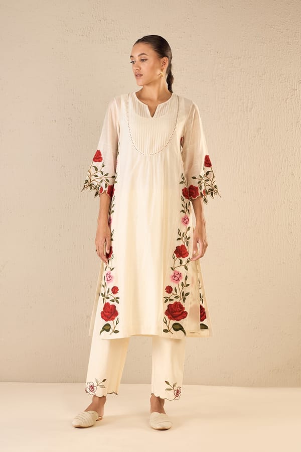Rose Shine: Ivory Pink & Red Rose Embroidered Kali Kurta — SHIVANI BHARGAVA