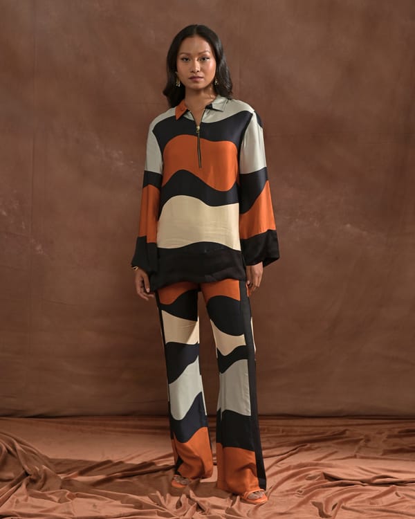 High-Waist Abstract Printed Modal Satin Straight-Leg Trousers — Missy Co.