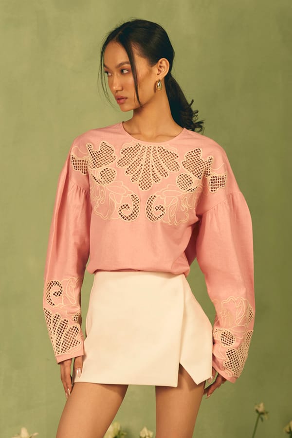 Pink Cotton Linen Cutwork Embroidered Blouse — BOHO-CHIC