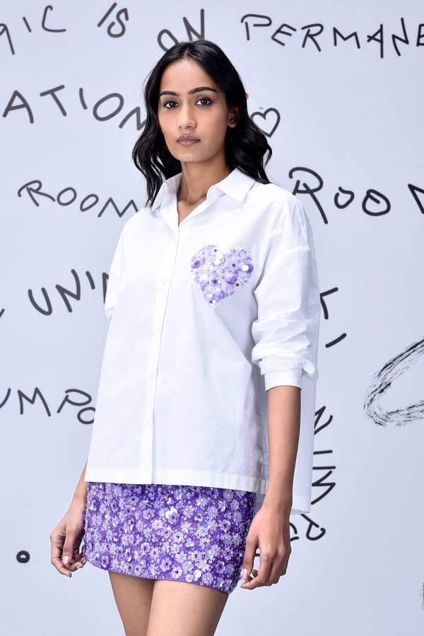 White Shirt with Lavender Sequin Heart Patch — Genes Lecoanet Hemant