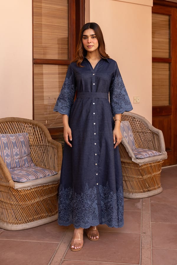 Blue Denim Maxi Shirt Dress with Belt and Cutwork Hem — INCHING INDIA