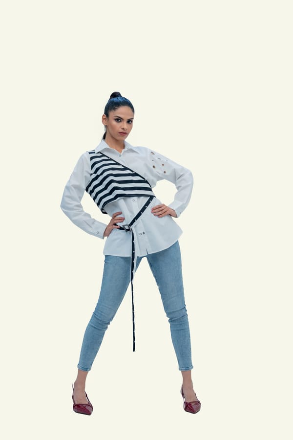 White Cotton Shirt with Stripped Vest — Richa Goenka