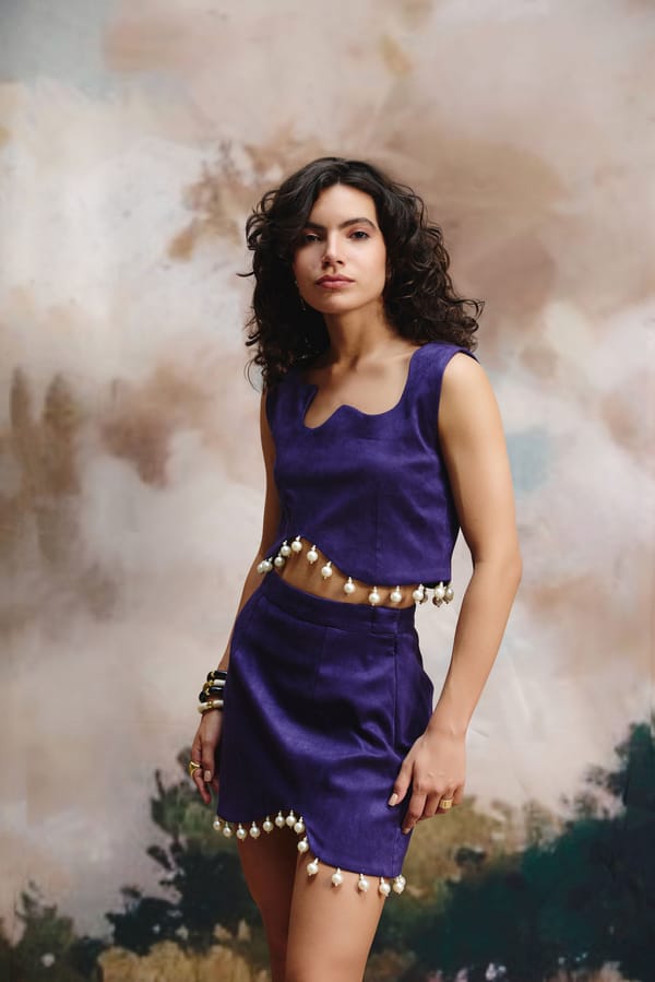 Purple Suede Crop Top with Pearl Hem Detail — Zip by Payal Zinal
