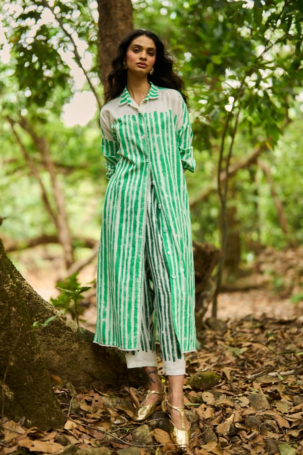 White/Green Brushstroke Striped Longline Button-Down Shirt — Dash and Dot