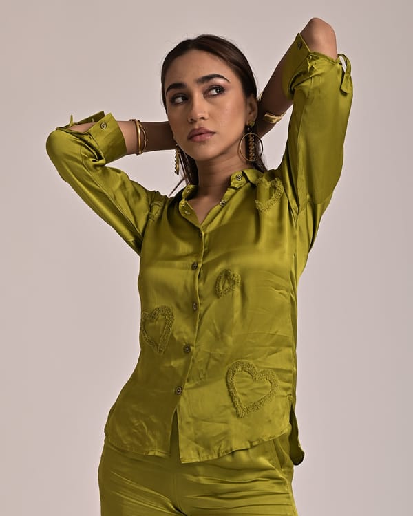 Olive Modal Satin Heart Embroidered Shirt — Missy Co.