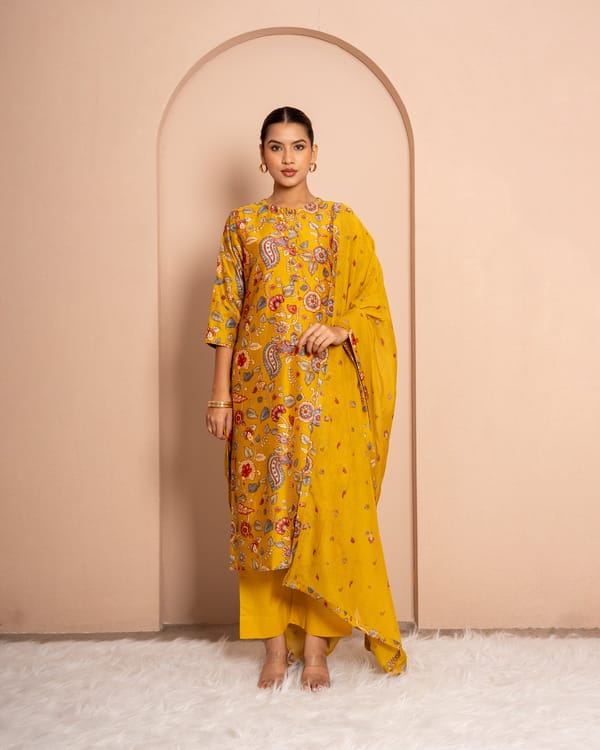 Rustic Marigold Digital Print Chanderi Yellow Suit Set — Kameez