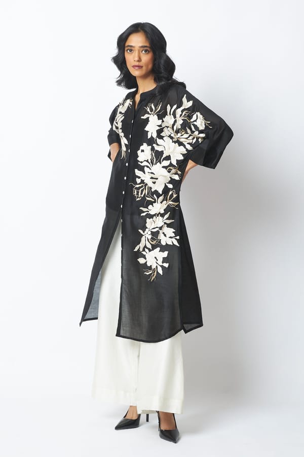 Black Shirt Tunic and Ivory Pants Embroidered Co-ord Set — Madder Much