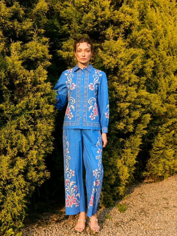 Blue Cotton Wide-Leg Floral Printed Trousers — Style Island