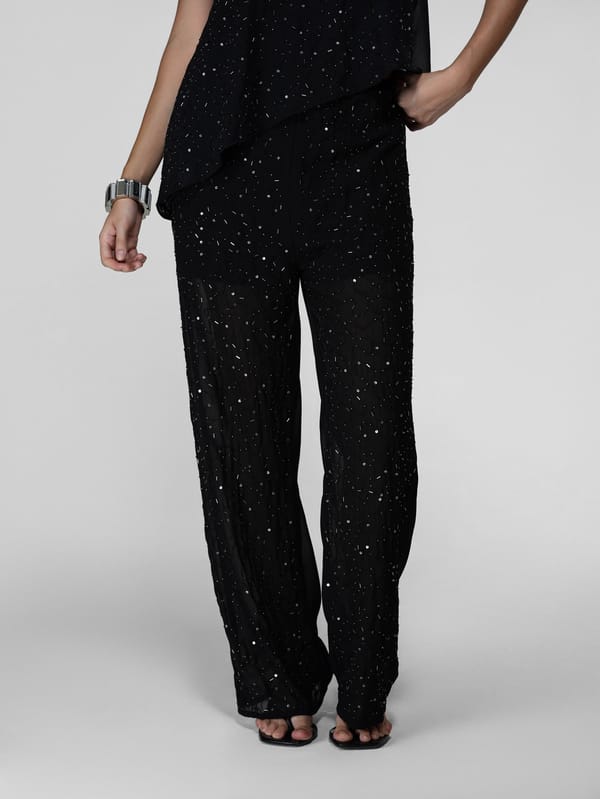 Black Hand-Beaded Sequin Wide-Leg Georgette Pants — The Clothing Factory