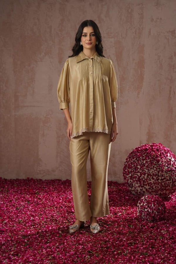 Beige Chanderi Co-ord Set with Button-Down Tunic Shirt — Simar Tuli