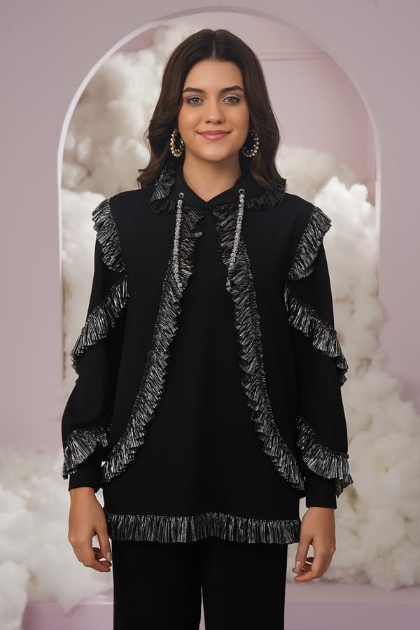 Black Hoodie with Metallic Ruffle Trim — Chöjé