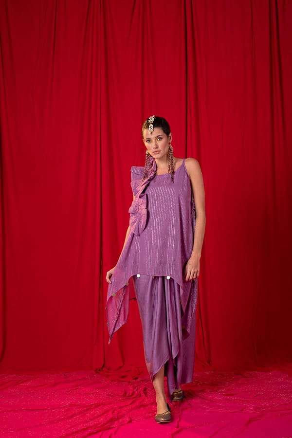 Lavender Shimmer Tunic and Draped Maxi Skirt Co-ord Set — EnEch