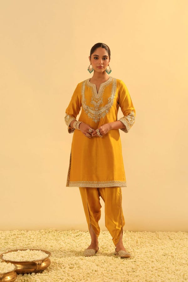 Mustard Embroidered Straight Kurta Set with Dhoti — Sheetal Batra